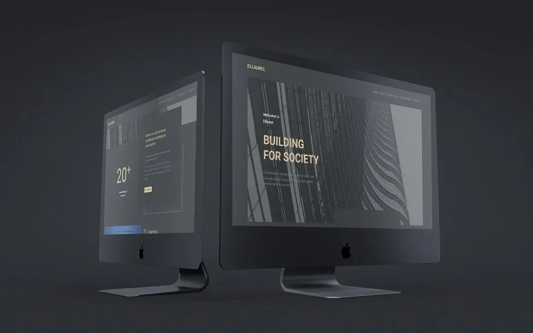 Ellaurel landing page on two desktop screens, with the headline Building for society over a photo of a glass tower