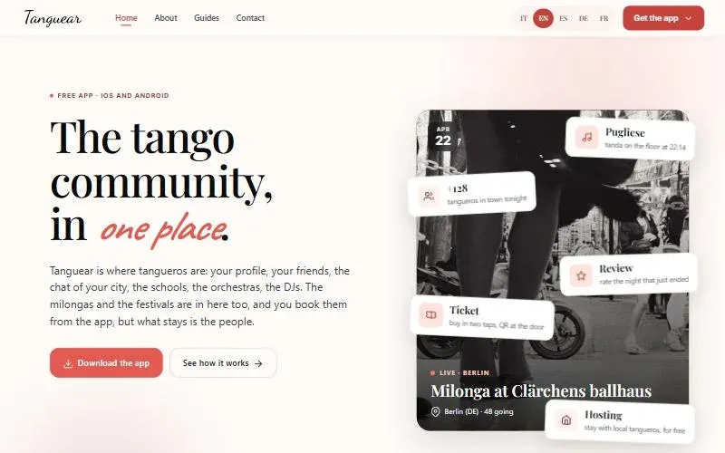 Tanguear homepage: the tango community in one place, with a live milonga card from Berlin