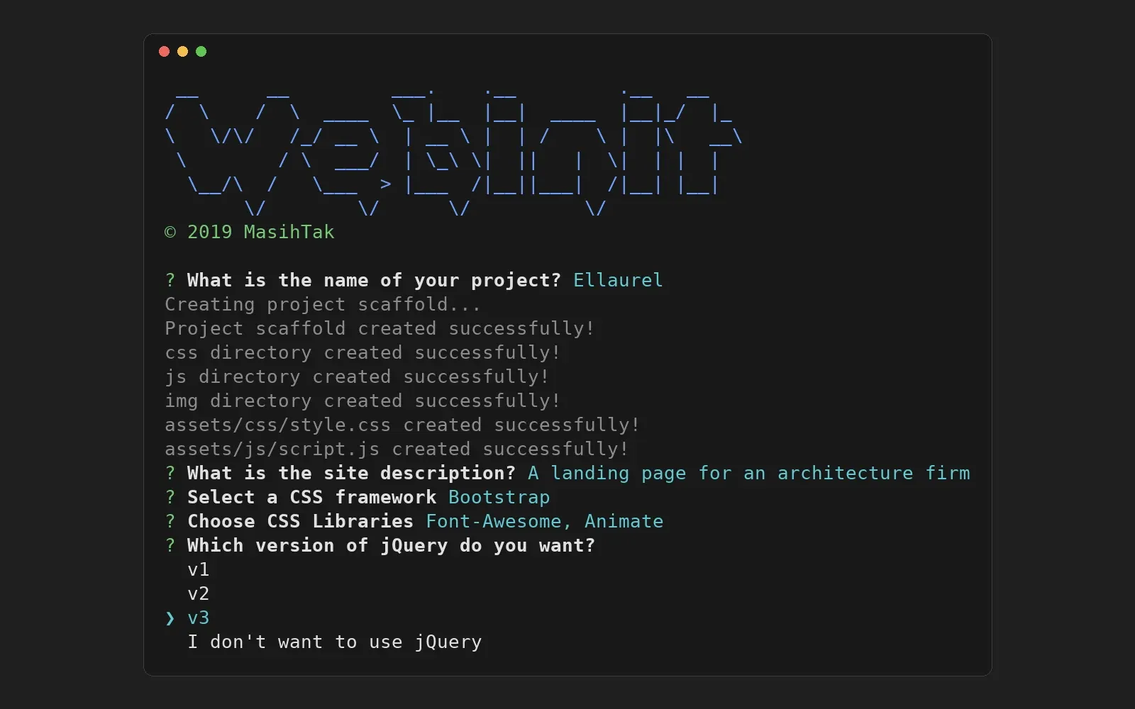 webinit running in a terminal: it asks for a project name, creates the folders and files, then offers CSS frameworks, libraries and jQuery versions